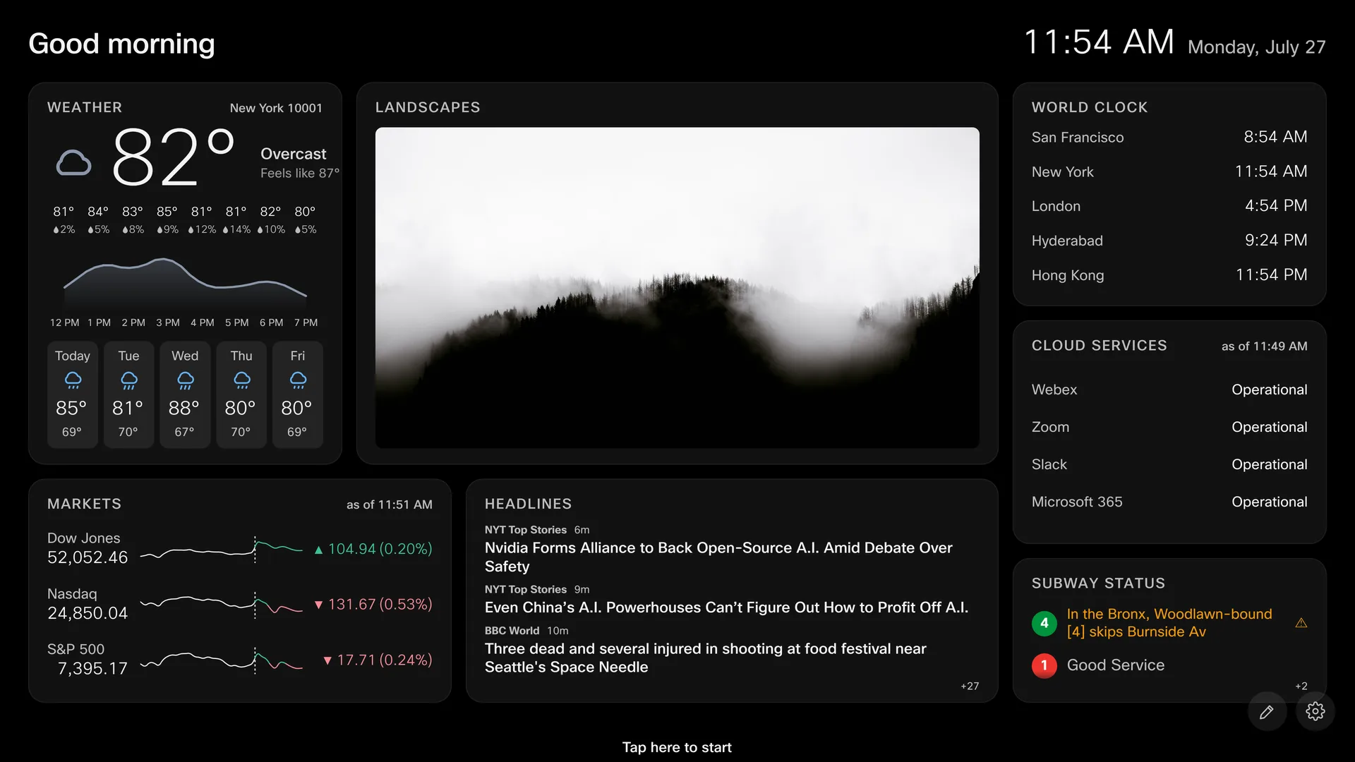 An unsleep display showing Weather with hourly rain chances, Landscapes, World Clock, Cloud Services, Markets, Headlines, and Subway Status.